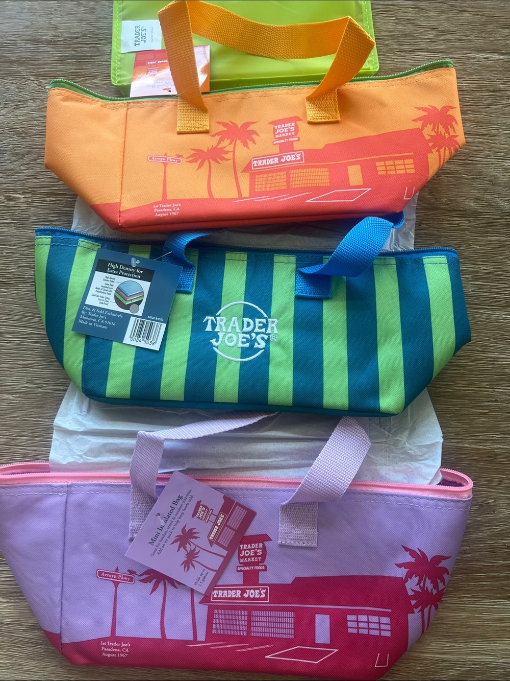 NWT (3) TRADER JOE’s MINI INSULATED BAG: purple, orange & green/blue striped